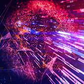 Stylised computerised data with geometric shards and dots moving dynamically and chaotically