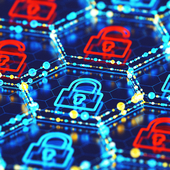 3D-rendered locked blue padlocks and unlocked red padlocks show cyber security protected and breached