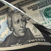 Scissors cut a US $20 bill