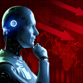 A thoughtful robot is placed against a background of financial crisis charts