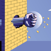 Cartoon of a hand punching a hole through a wall