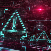 Alert warnings and security breach symbols with binary background