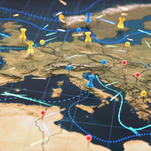 European routes shown on a relief map with pins in certain locations