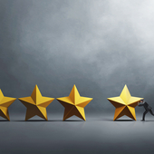 Businessperson pushes a 3D rendition of a star next to four others, to create a five-star review