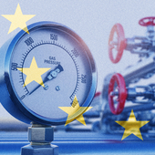 An EU flag is superimposed over a gas pressure gauge that reads zero