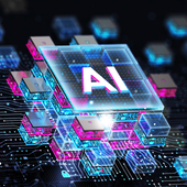 3D rendering of an artificial intelligence processor chip and circuit board