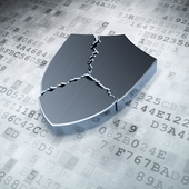 Broken silver shield on digital background