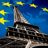 Montage of Eiffel Tower on EU map and stars