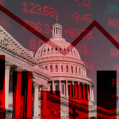 US Senate building overlaid with diverging blue and red CPI lines