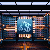 Data centre servers accessed by microchip embedded with currency symbols