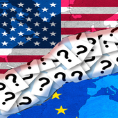 EU and US flags are separated by a rift consisting of many question marks