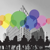 Esma headquarters in the background. In the foreground is a silhouette of people sitting round a meeting table with colourful speech bubbles 