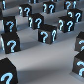 3D rendering of black boxes covered in glowing blue question marks