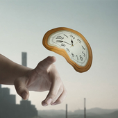 Illustration of a finger moving towards a wobbly clock face that is floating through the air