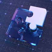 Final piece of a jigsaw on tech-themed stock ticker background