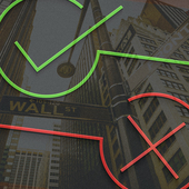 Yes and No symbols over Wall Street sign and buildings