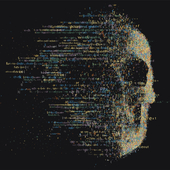 A skull made from software code is eroding as if being blown away