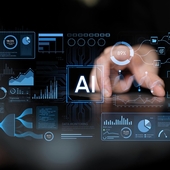 Businessperson’s hand behind an overlay of a futuristic interface displaying AI and data charts