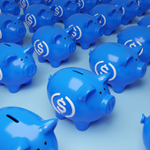 Blue, stablecoin-labelled piggy banks 