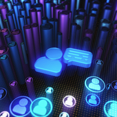 3D icon of central person speaking to icons of humans in circles on pillars 