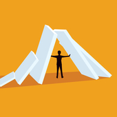 Illustration of a man holding up some falling structures