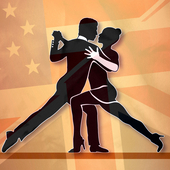 Two tango dancers with a merging of US and UK flags as a background