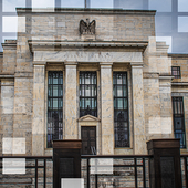 US Federal Reserve building overlaid with translucent wall and windows