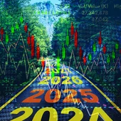 Trading data superimposed over winding road with future years written on it