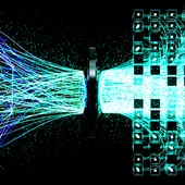 Large, net-style lines of digital data flow into a computer, exiting in more compressed and ordered lines