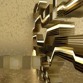 Abstract gold 3D geometric architecture with glowing edges and layered metallic forms, symbolizing innovation, luxury, and advanced technology