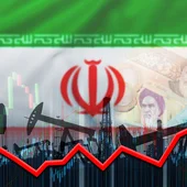 Iran flag superimposed with an upward line chart and oil fields