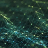 Abstract digital network of connected nodes and data points forming a neural-like grid, representing artificial intelligence, machine learning systems, and interconnected data infrastructure