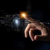 Human hand interacting with a digital interface, visualising elements of AI