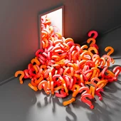 Illustration of lots of 3D question marks spilling through an open door