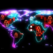 3D render of red padlocks over digital map of the globe with red blocks indicating cyber security breaches