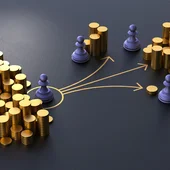 A pile of gold coins is seen to the left, then a serious of arrows leading away from that pile lead to three other areas of coins