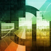 Abstract illustration of an upward bar chart with digital grids, binary code, and data visualisation elements in green and gold tones, symbolising business analytics, AI-driven insights, performance reporting, and digital transformation