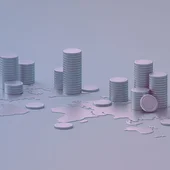 An atlas of the world, with coin towers of various heights resting on certain key areas