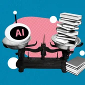 Art sketch image vertical collage of scales weight knowledge comparison book stack artificial intellect head cyber innovation.