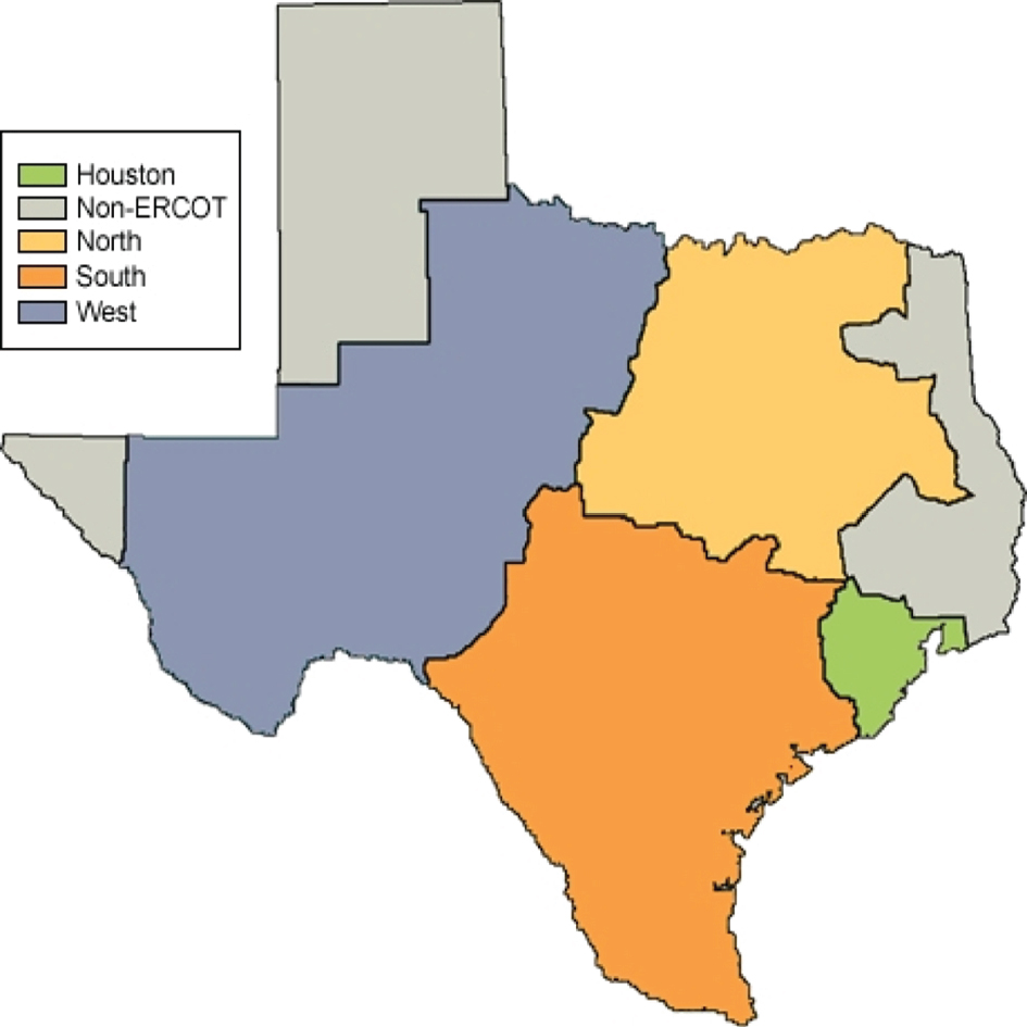 Zonal map of Electric Reliability Council of Texas (ERCOT). Source: http://www.ercot.com.